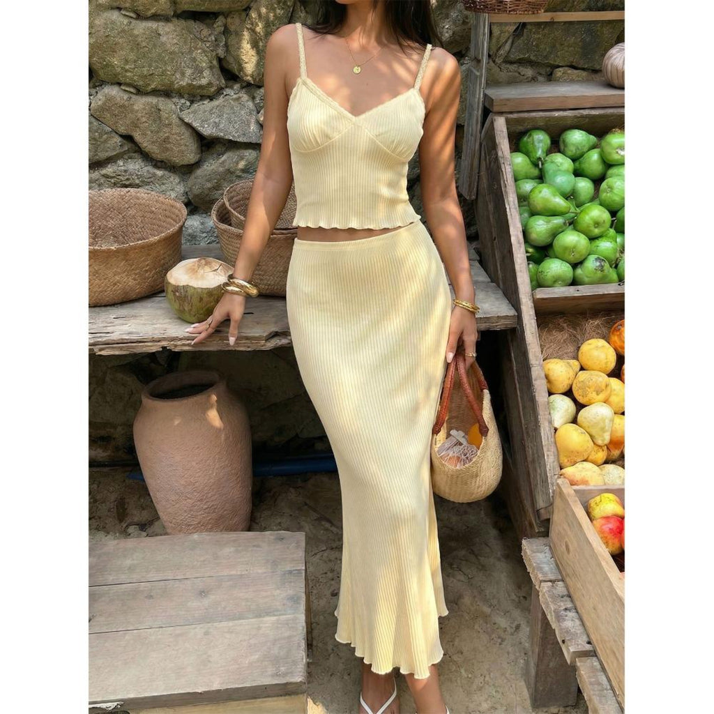 Soft Pure Desire Women 2 Piece Outfit, Solid Cami Slim Matching Set For Daily Commute Travel Party