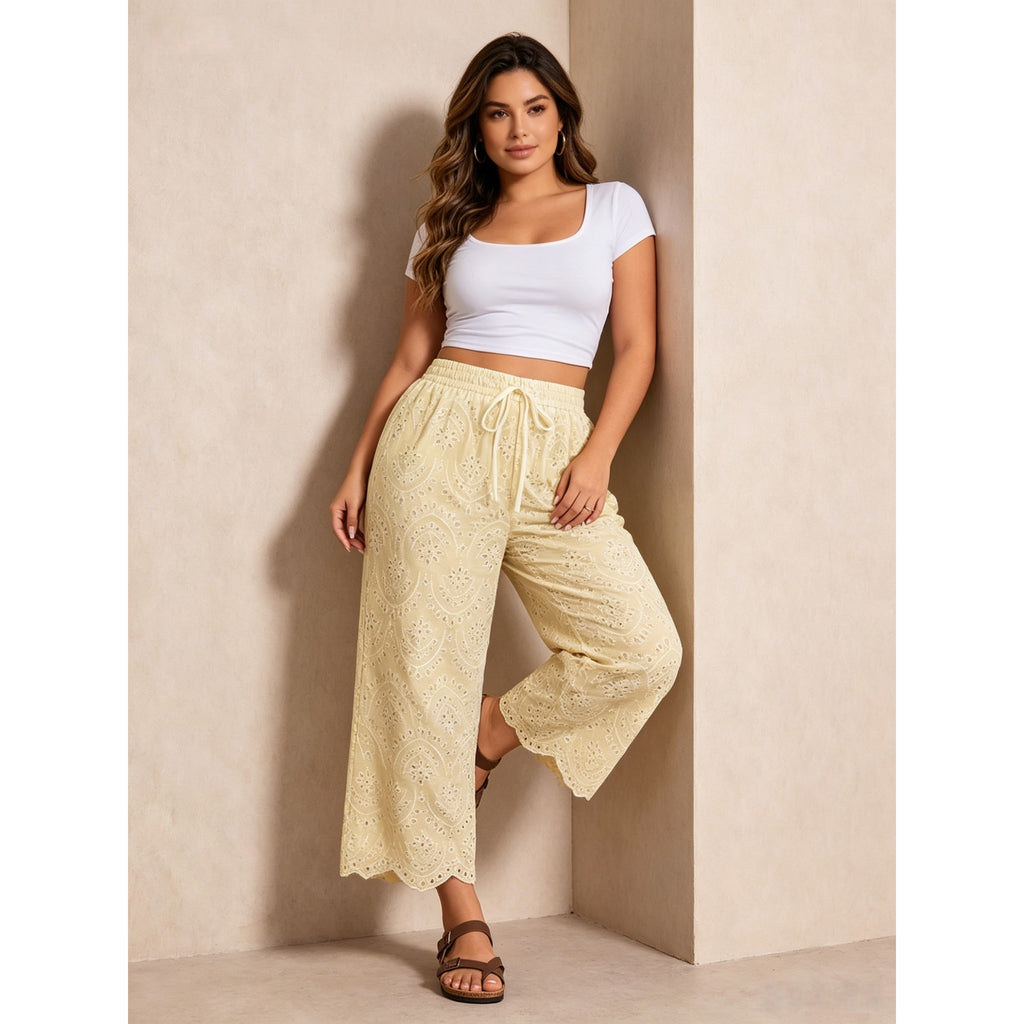 Breathable Hollow Embroidery Drawstring High Waist Wide Leg Plus Size Cropped Pants For Vacation Daily Party