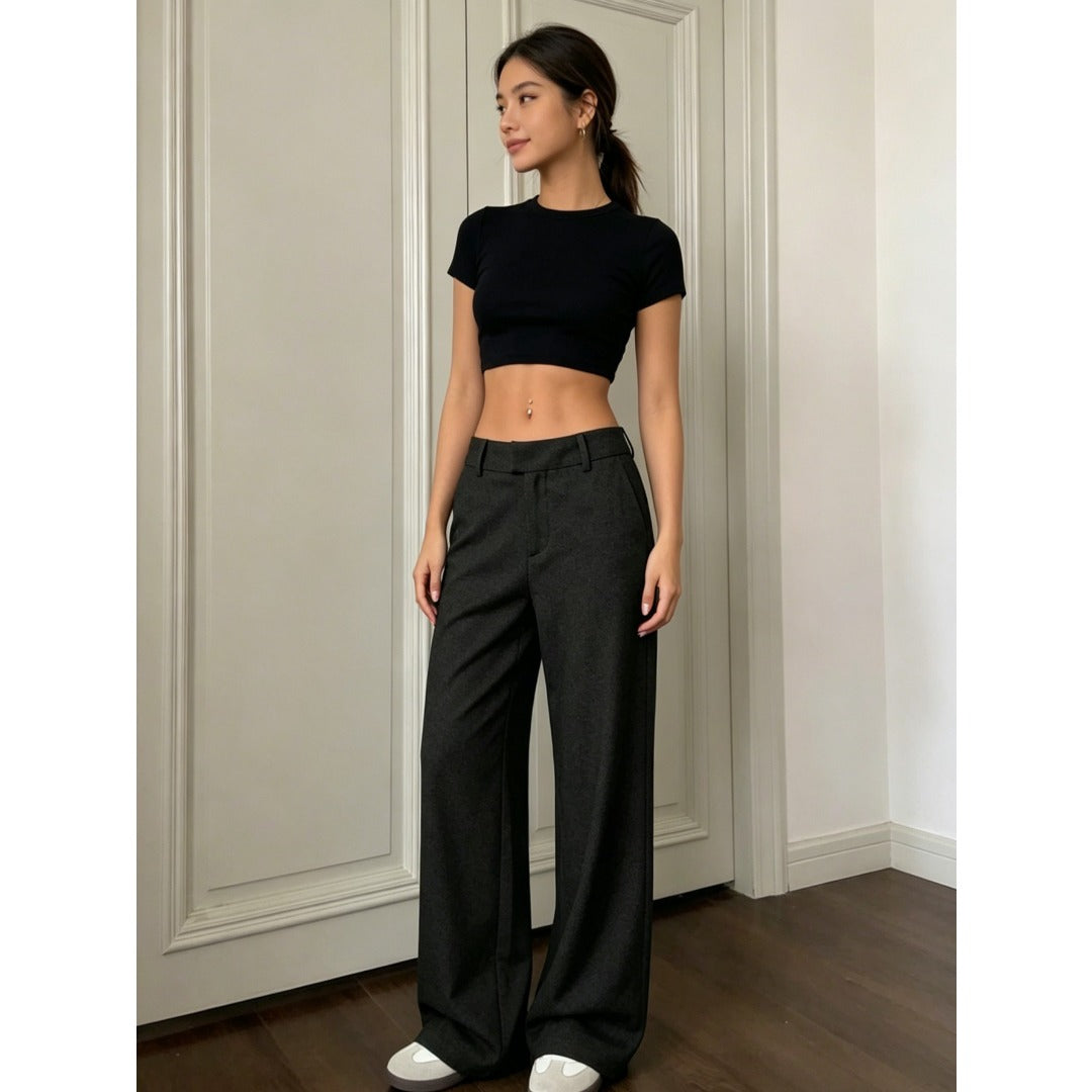 Commuter Style Women Solid High Waist Wide Leg Dress Pants, Slim Flowy Casual Trousers For Daily Office Wear
