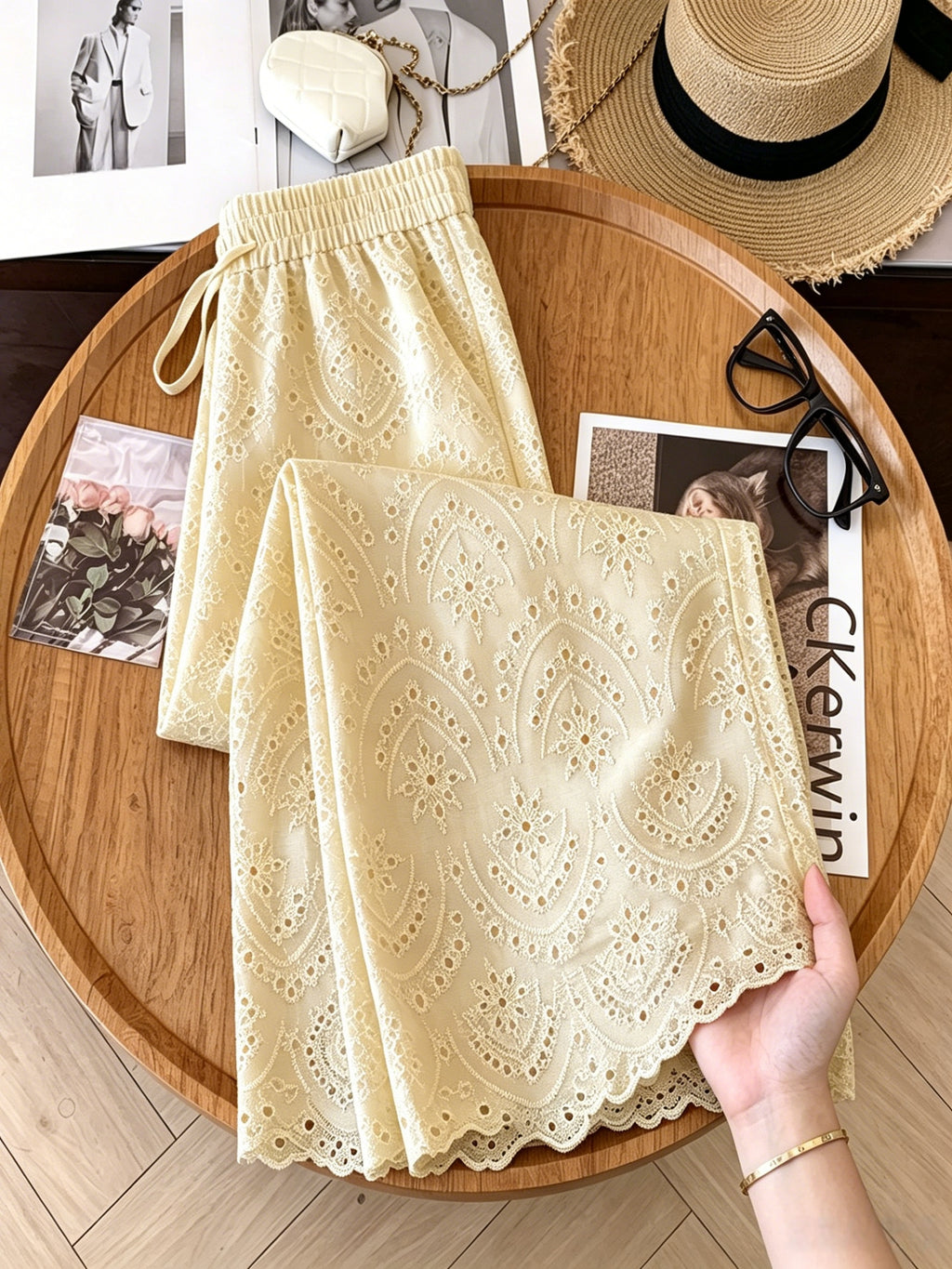 Breathable Hollow Embroidery Drawstring High Waist Wide Leg Plus Size Cropped Pants For Vacation Daily Party