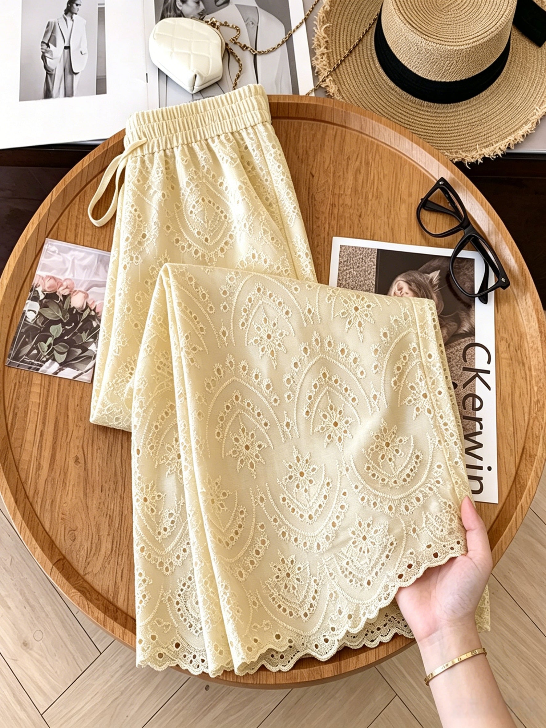 Breathable Hollow Embroidery Drawstring High Waist Wide Leg Plus Size Cropped Pants For Vacation Daily Party