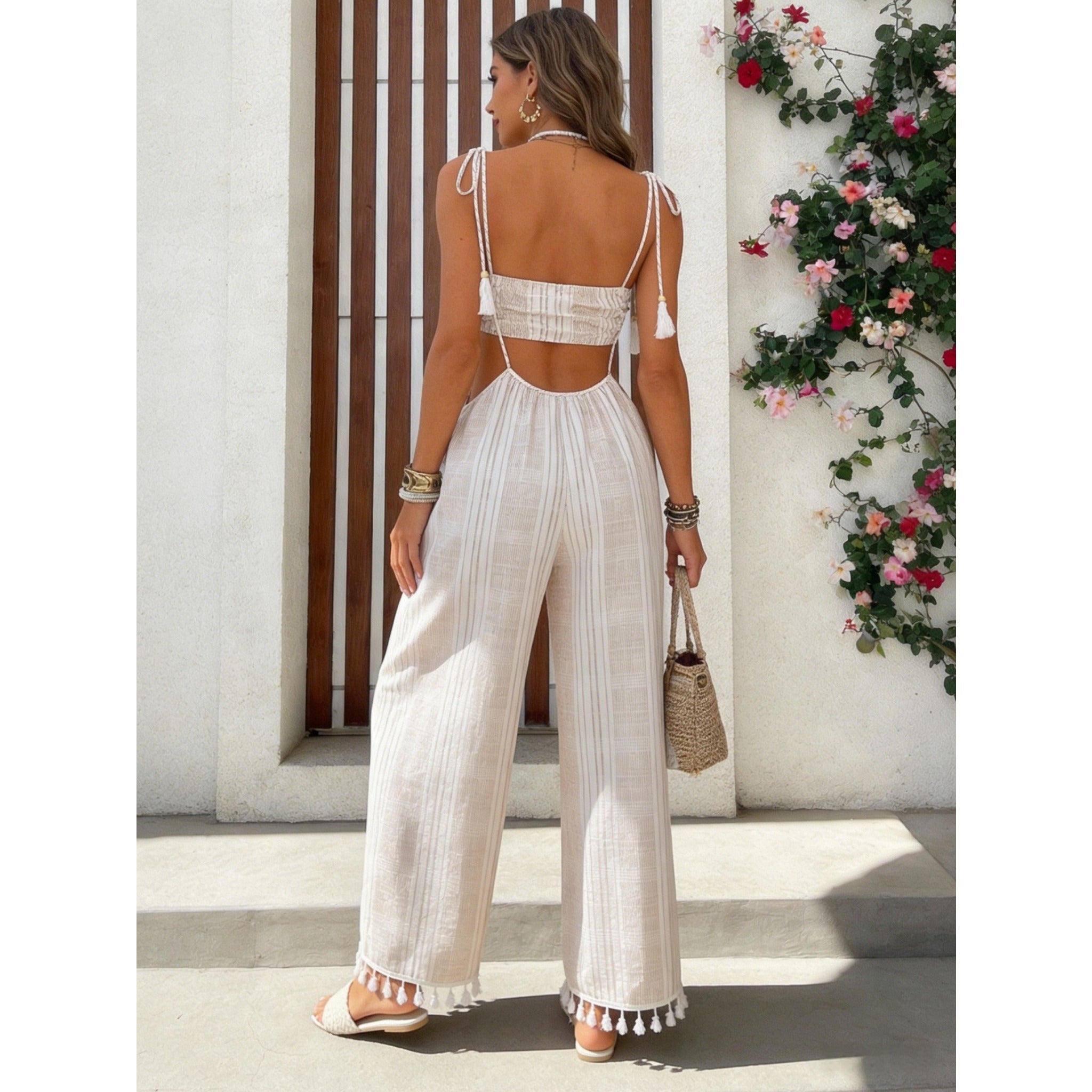 2026 New Summer Women White Brown Striped Strapless Tie Wide Leg Jumpsuit, Waist Cutout Tassel Hem Vacation Spicy Girl Romper
