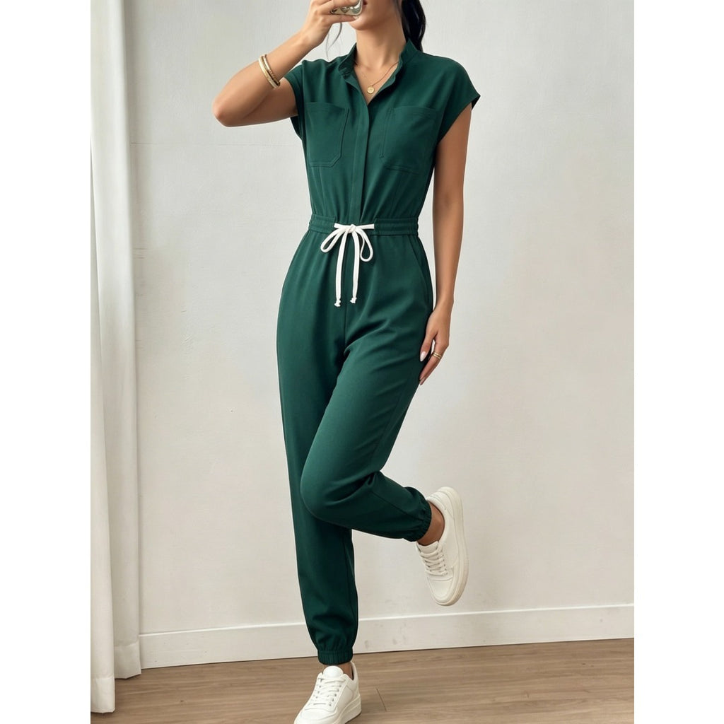 Casual Women Solid Stand Collar Jogger Jumpsuit, Slim Simple One Piece Outfit For Daily Travel