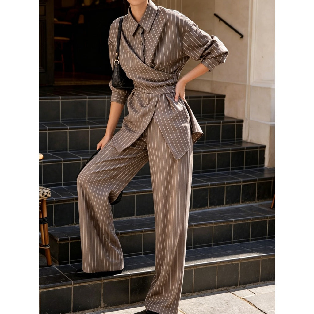 New Women Camel Striped Two Piece Outfit, Cross V Neck Lace Up Waist Blouse & High Waist Wide Leg Trousers, Elegant Commuter Suit