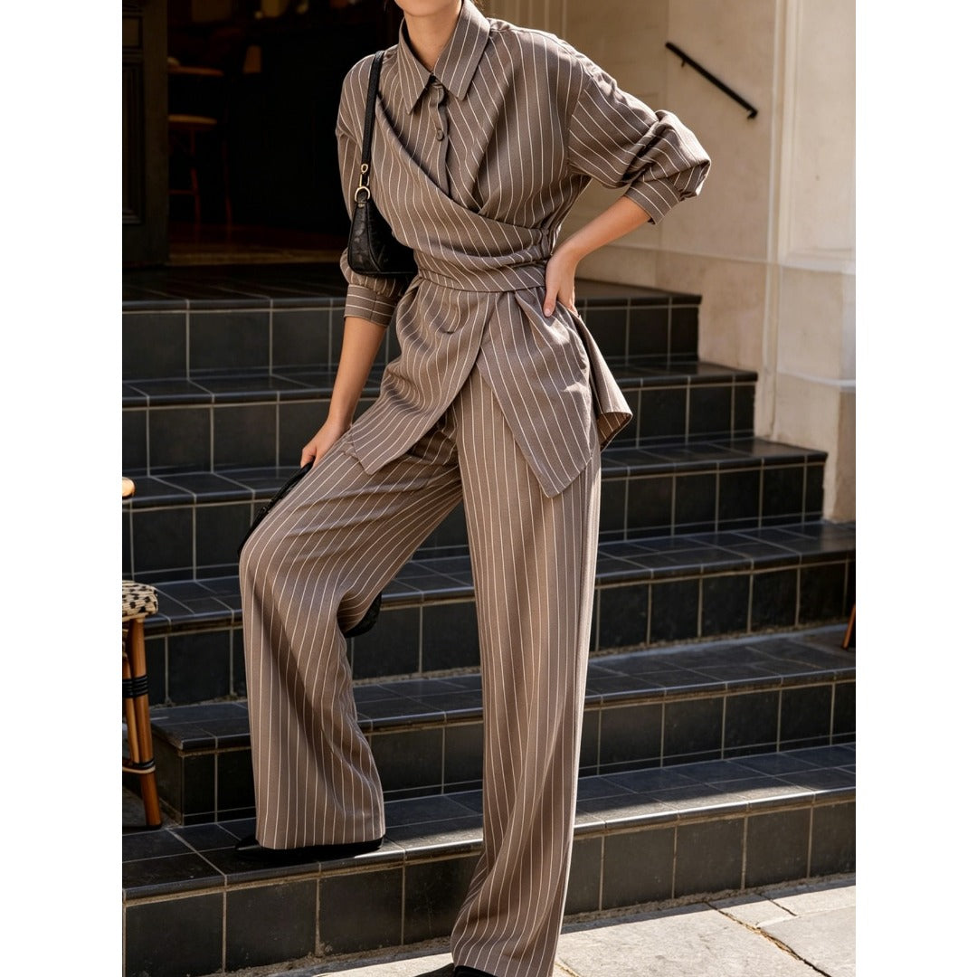 New Women Camel Striped Two Piece Outfit, Cross V Neck Lace Up Waist Blouse & High Waist Wide Leg Trousers, Elegant Commuter Suit