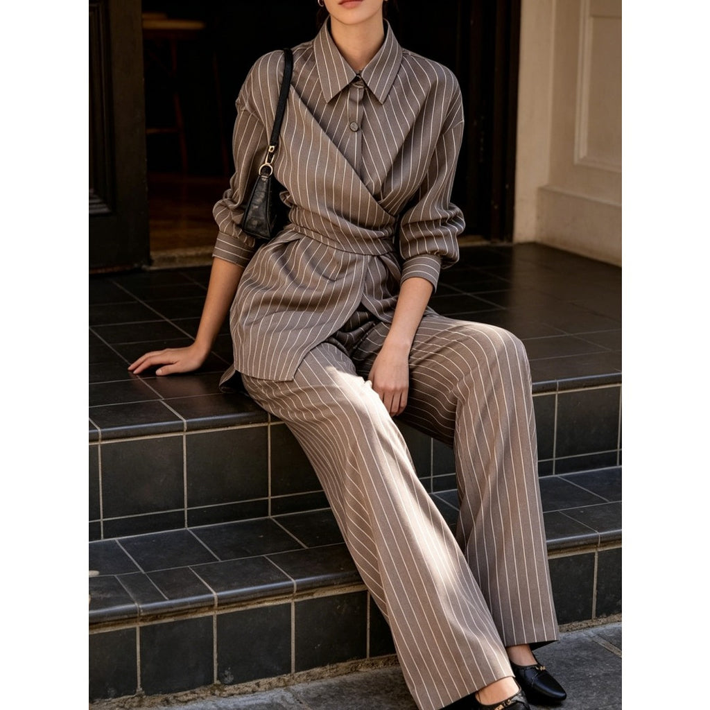 New Women Camel Striped Two Piece Outfit, Cross V Neck Lace Up Waist Blouse & High Waist Wide Leg Trousers, Elegant Commuter Suit