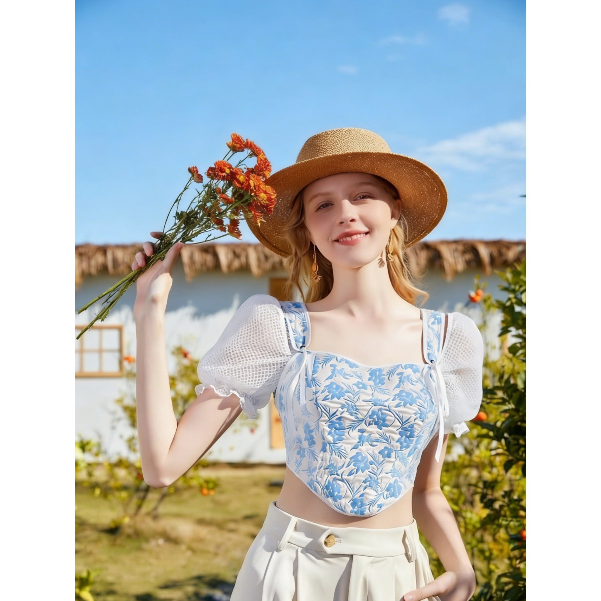 2026 New Summer Women Blue White Floral Square Neck Puff Sleeve Top, Pastoral Tie Waist Short Fishbone Corset, Sweet Girl Blouse For Inner & Outer Wear