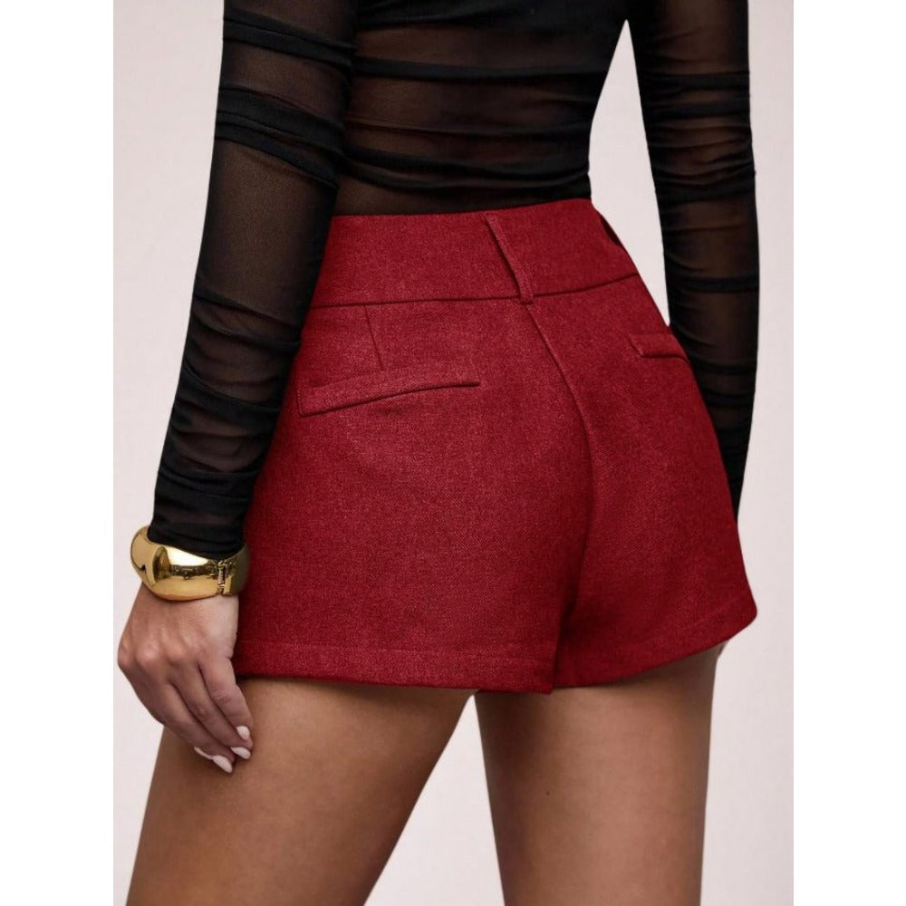 Vintage Women Red High Waist Double Button Straight Leg Shorts, Slim Fashion Casual Bottoms For Daily Outfits