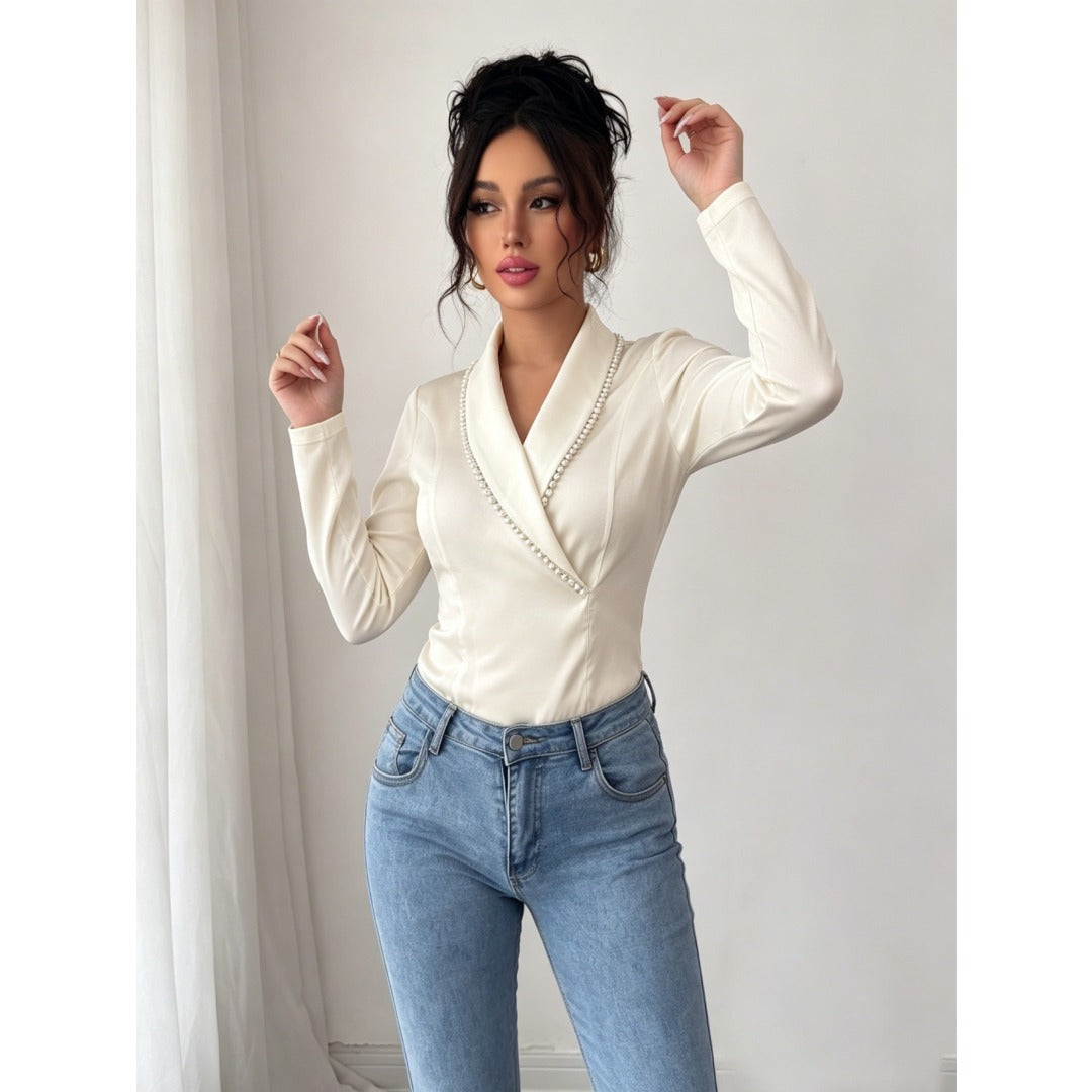 Elegant Women Solid Beaded V Neck Long Sleeve Blouse, Slim Fashion Commuter Shirt For Daily Office & Party
