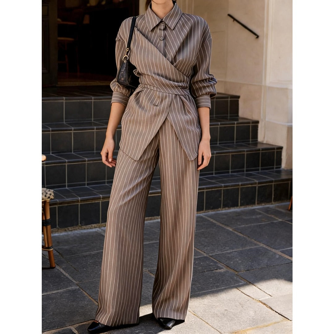 New Women Camel Striped Two Piece Outfit, Cross V Neck Lace Up Waist Blouse & High Waist Wide Leg Trousers, Elegant Commuter Suit