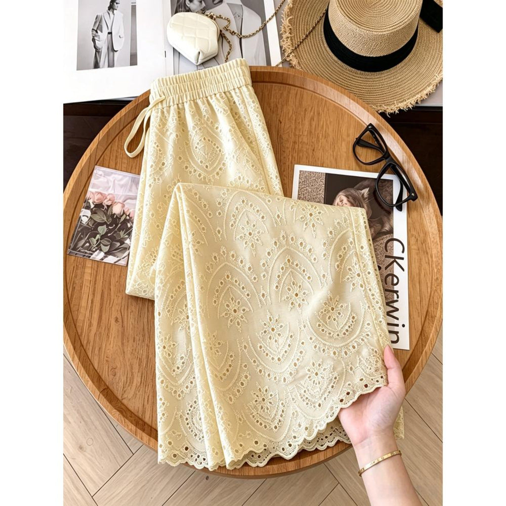 Breathable Hollow Embroidery Drawstring High Waist Wide Leg Plus Size Cropped Pants For Vacation Daily Party