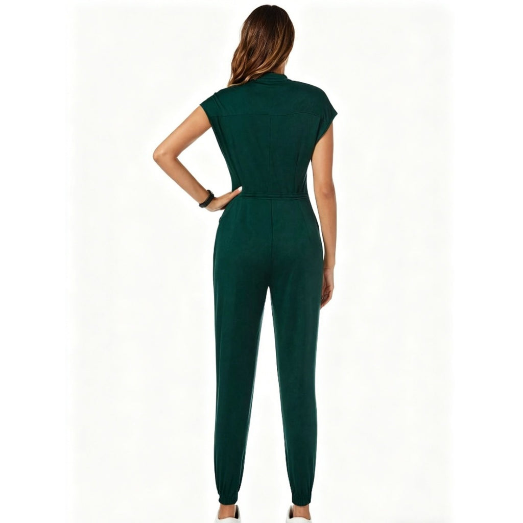 Casual Women Solid Stand Collar Jogger Jumpsuit, Slim Simple One Piece Outfit For Daily Travel