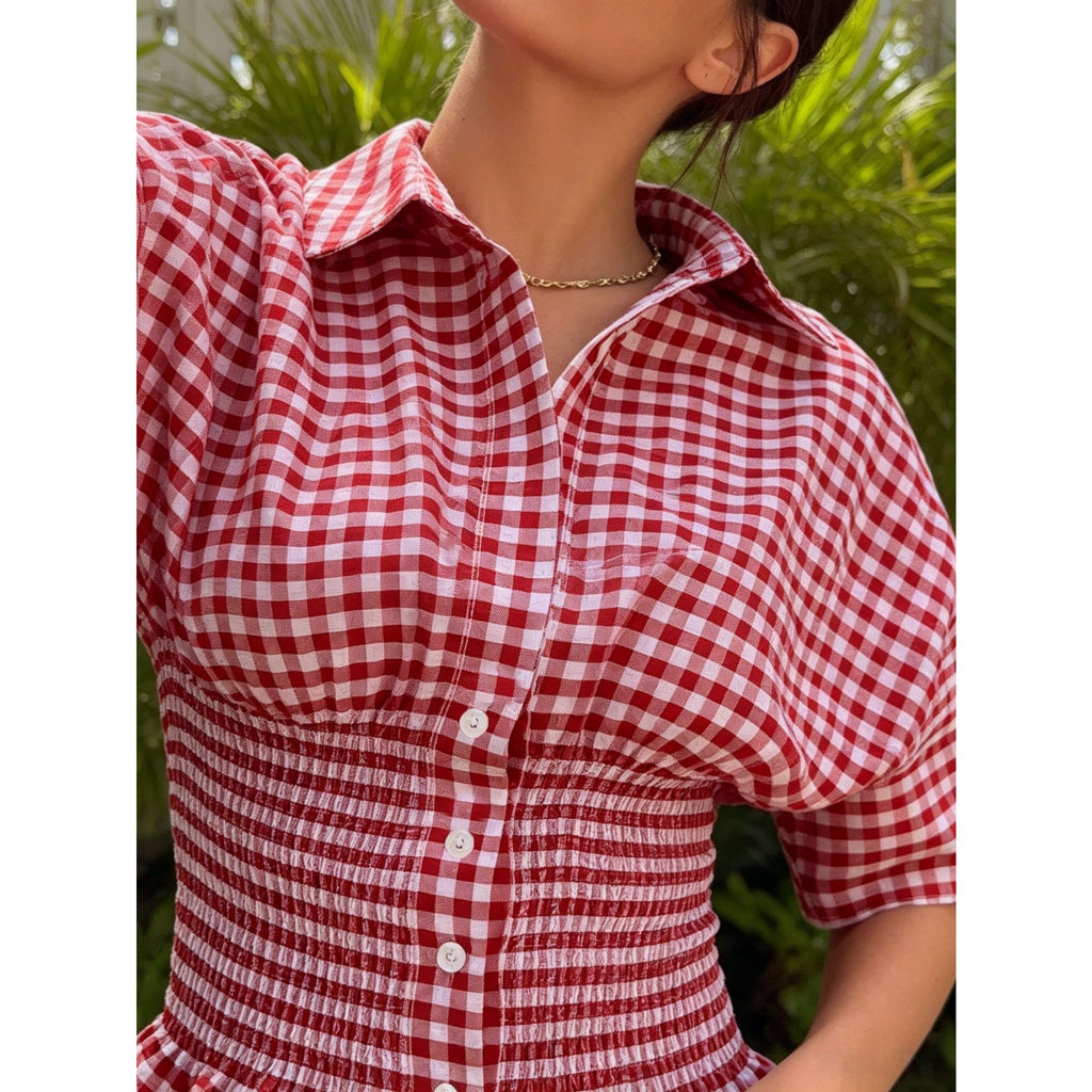 Yellow White Gingham Vacation Two Piece Outfit, Lapel Short Sleeve Shirred Slim Waist Matching Set For Travel Party
