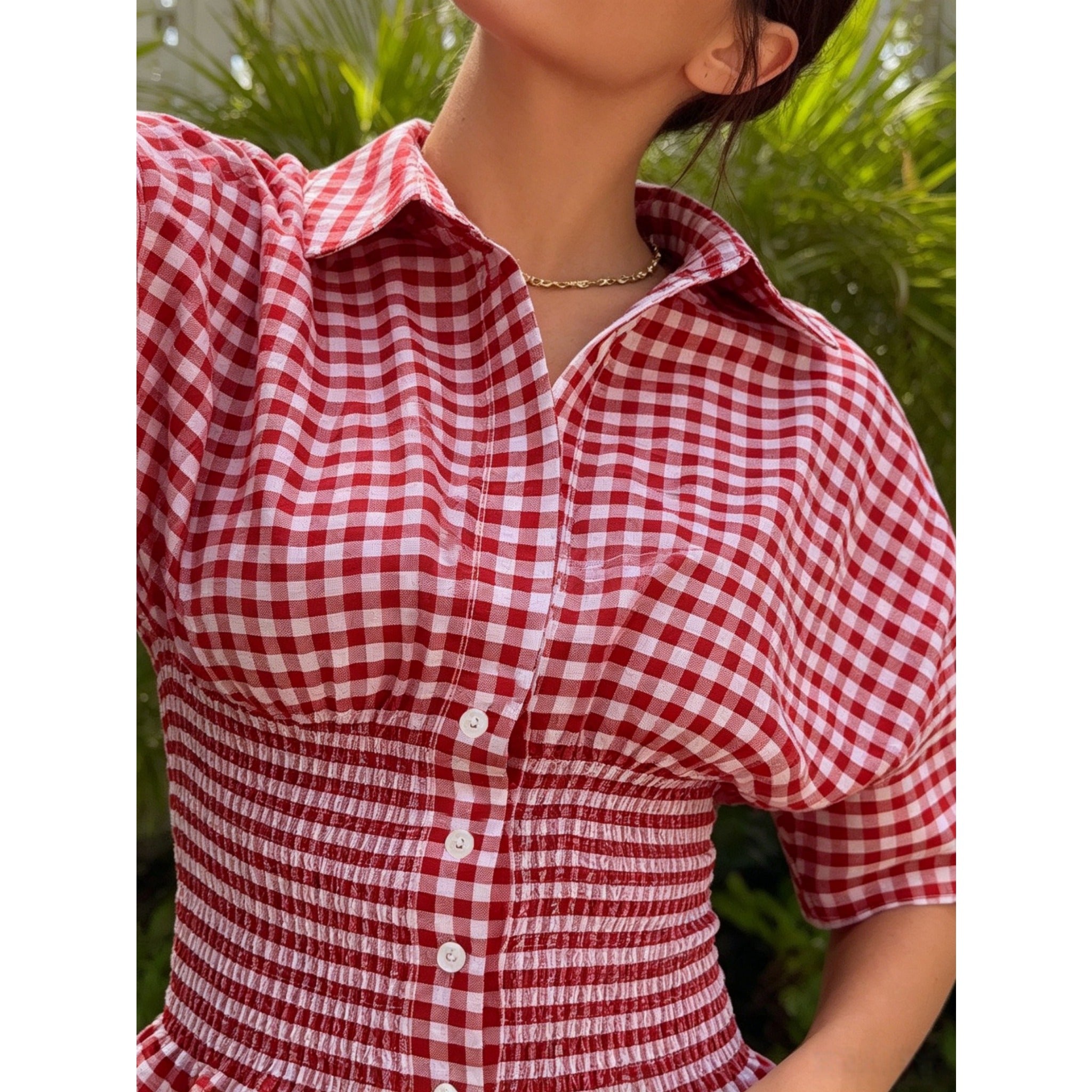 Yellow White Gingham Vacation Two Piece Outfit, Lapel Short Sleeve Shirred Slim Waist Matching Set For Travel Party