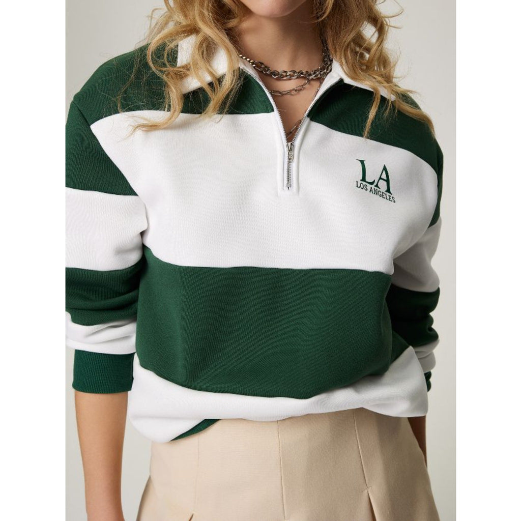 Women Campus Casual Striped Color Block Polo Half Zip Sweatshirt, Slim Versatile Long Sleeve Pullover For Daily School Wear