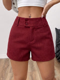 Vintage Women Red High Waist Double Button Straight Leg Shorts, Slim Fashion Casual Bottoms For Daily Outfits