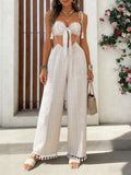 2026 New Summer Women White Brown Striped Strapless Tie Wide Leg Jumpsuit, Waist Cutout Tassel Hem Vacation Spicy Girl Romper