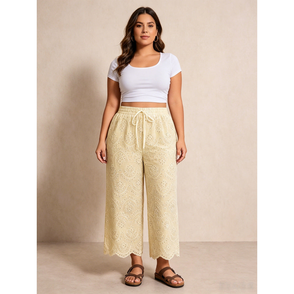 Breathable Hollow Embroidery Drawstring High Waist Wide Leg Plus Size Cropped Pants For Vacation Daily Party