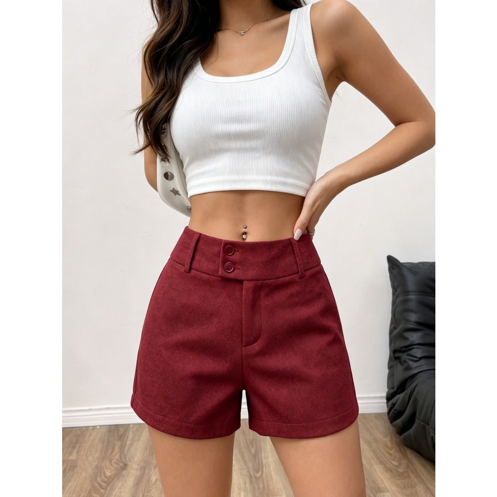 Vintage Women Red High Waist Double Button Straight Leg Shorts, Slim Fashion Casual Bottoms For Daily Outfits