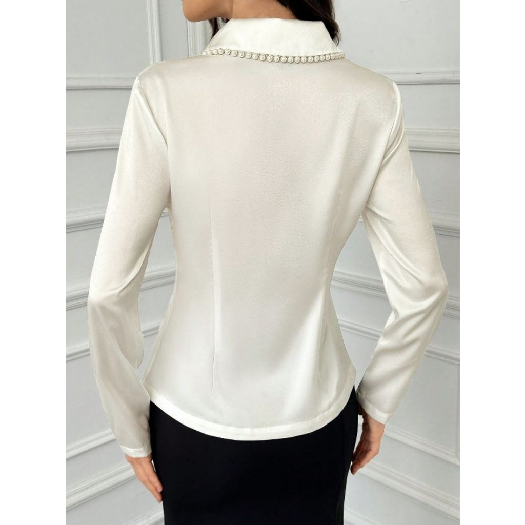 Elegant Women Solid Beaded V Neck Long Sleeve Blouse, Slim Fashion Commuter Shirt For Daily Office & Party