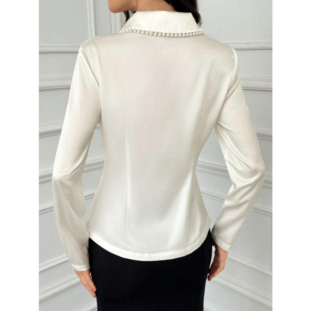 Elegant Women Solid Beaded V Neck Long Sleeve Blouse, Slim Fashion Commuter Shirt For Daily Office & Party