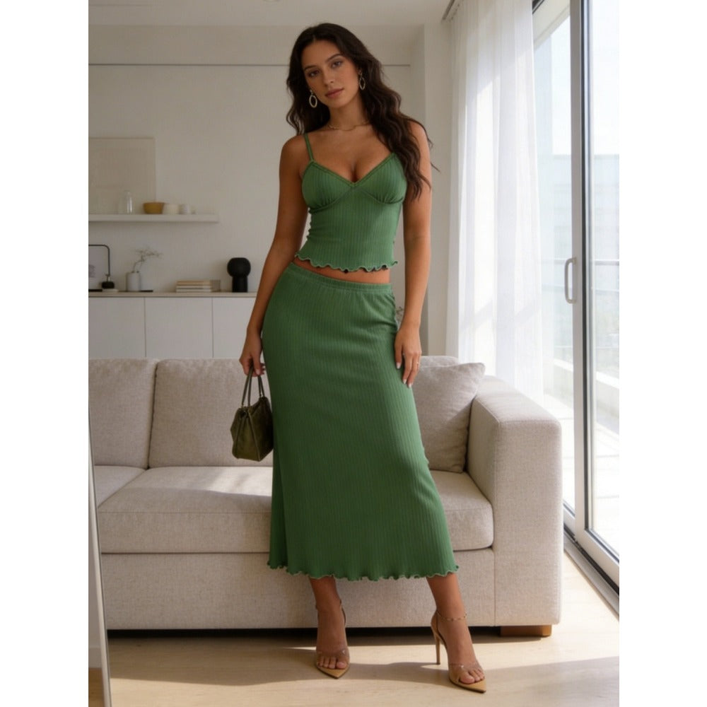 2026 New Women Emerald Green Ribbed Knit Two Piece Outfit, V Neck Cami Ruffle High Waist Midi Skirt Pure Desire Matching Set