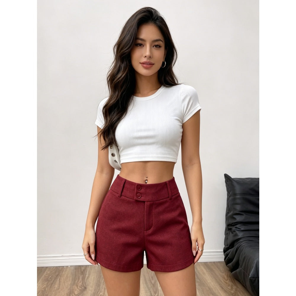 Vintage Women Red High Waist Double Button Straight Leg Shorts, Slim Fashion Casual Bottoms For Daily Outfits