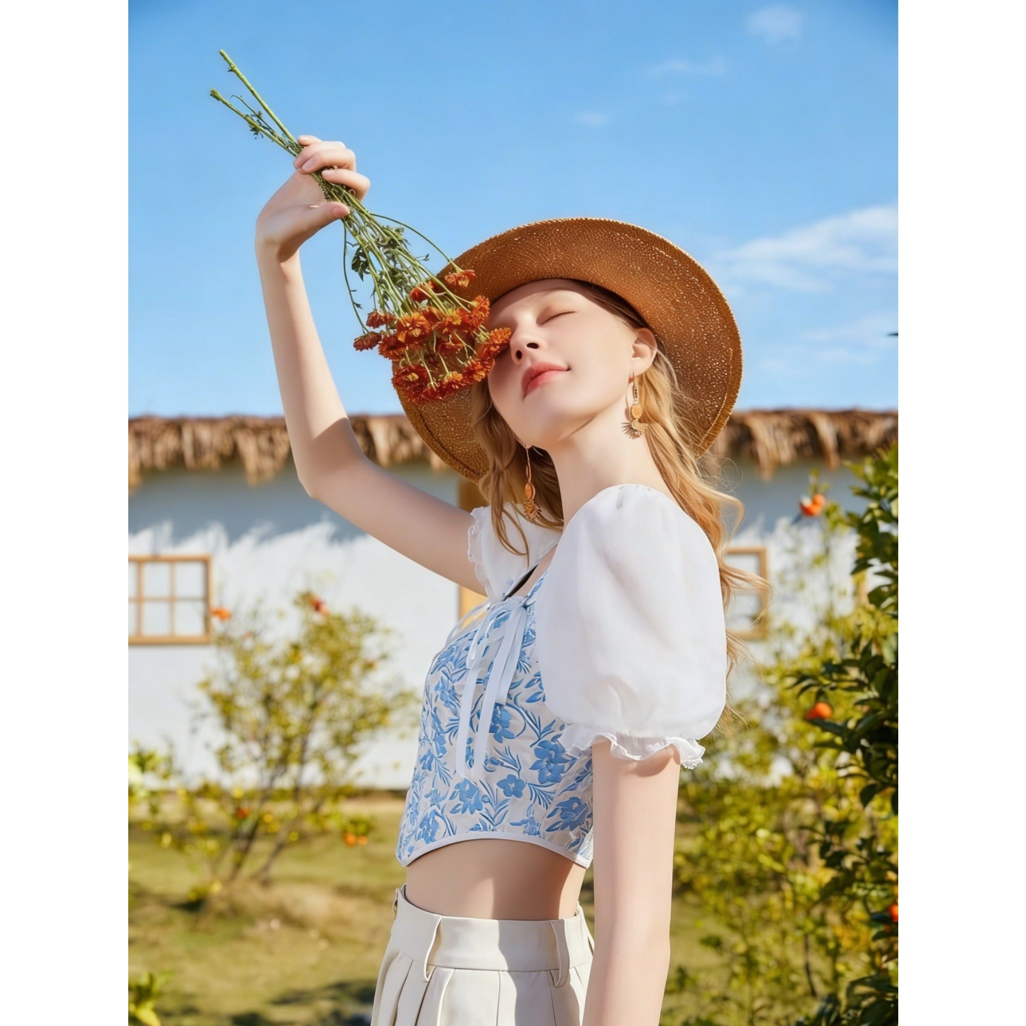 2026 New Summer Women Blue White Floral Square Neck Puff Sleeve Top, Pastoral Tie Waist Short Fishbone Corset, Sweet Girl Blouse For Inner & Outer Wear